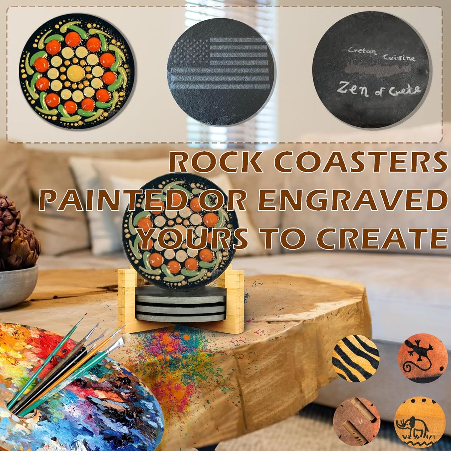 Black Nature Stone Coasters Set of 4, Slim Round Drink Coasters for Coffee Table Anti-Scratch, Boho Desk Décor for Office Bar Kitchen and Home, Protect Wood Glass Surfaces (4pack)