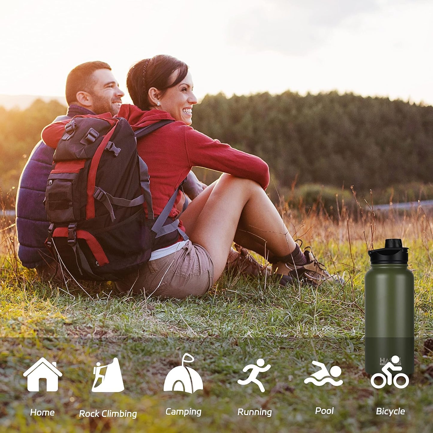 HASLE OUTFITTERS 32 oz Insulated Water Bottle Stainless Steel Double Walled Vacuum Sports Water Bottle with 2 Lids (Straw and Spout Lid) for Gym Camping Hiking（Army Green,1）