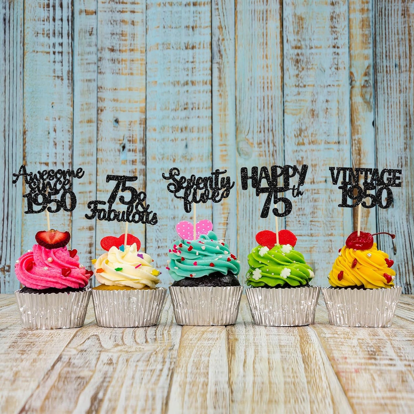 Gyufise 30 Pack black Glitter 75th Birthday Cupcake Toppers Vintage 1950 Cake Toppers Hello 75 Cake Topper Sixty Five 75 & Fabulous Cupcake Picks 75th Birthday Cake Decorations Supplies
