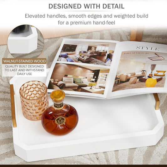 Decorative Acacia Wood Ottoman Tray - Coffee Table Tray - Breakfast, Party, Drinks, Snack, Liquor Serving Platter - Farmhouse to Modern - Brass Handles (Moonlight White)