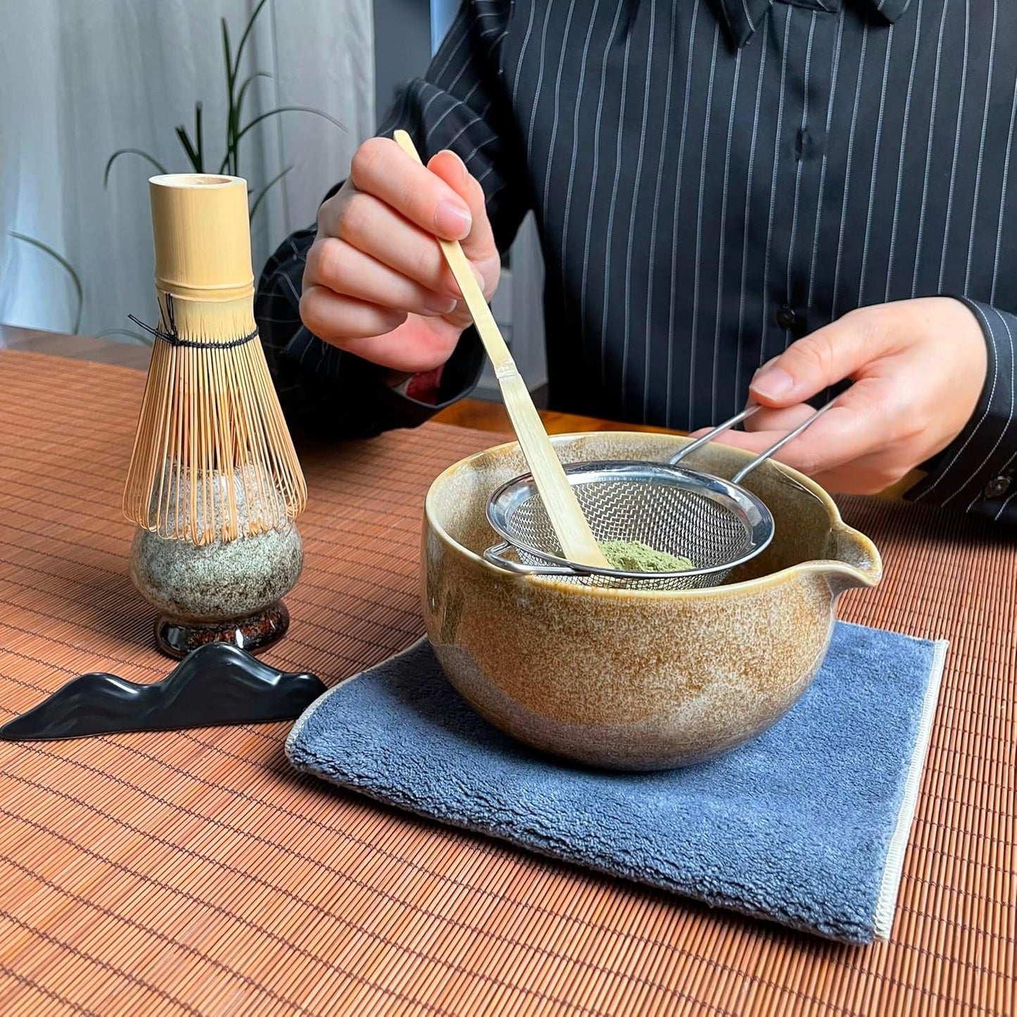 Matcha Tea Set (7pcs) - Matcha Whisk Set with Bowl, Whisk Holder, and Pouring Spout Bowl, Perfect Matcha Starter Kit for Tea Ceremony (Amber Sand)