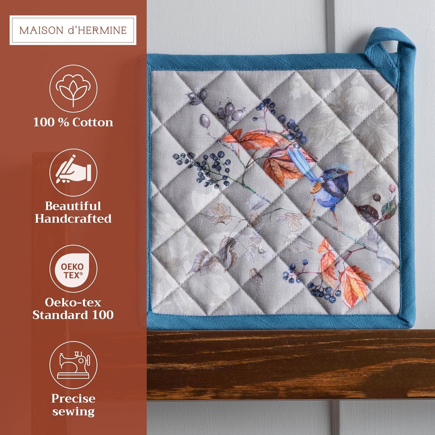 Maison d' Hermine Pot Holders Set 100% Cotton Heat Resistant Potholders 8" x 8" Hot Pads with Loop BBQ, Cooking, Baking, Grilling, Kitchen, Handling Hot Pans (Pack of 2, Equinoxe - Grey)