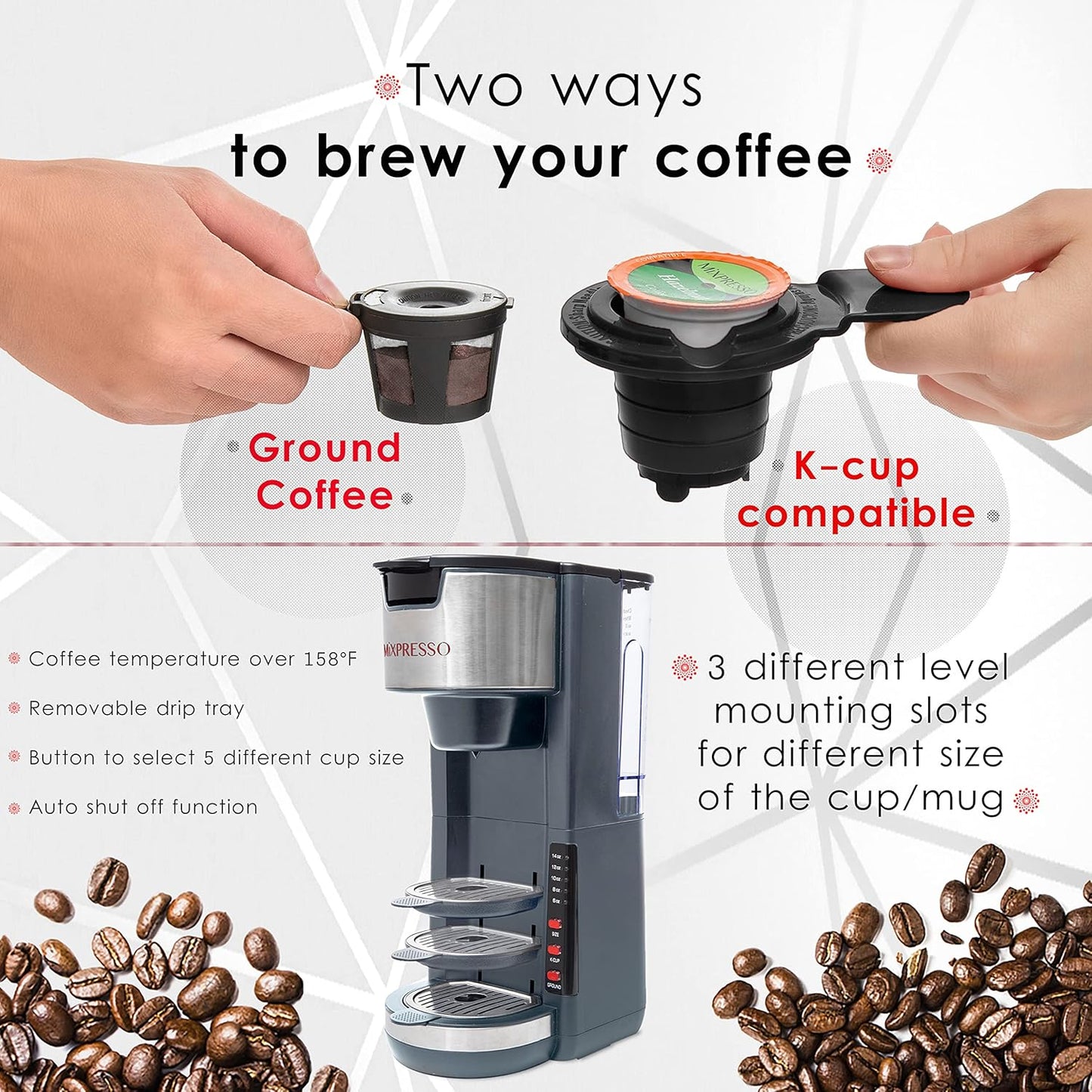 Mixpresso Gray Single Serve Coffee Brewer K-Cup Pods Compatible & Ground, 30 oz Compact Coffee Maker Single Serve With 5 Brew Sizes Up To 14 Oz, Fits Travel Mug, Adjustable Drip Tray