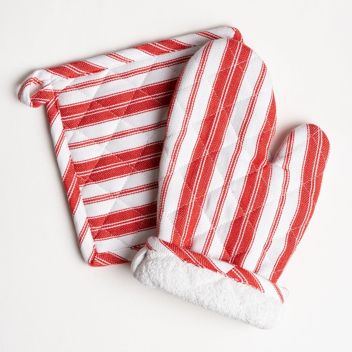 Oven Mitts & Potholder Set - Durable Heat Resistant Gloves - Thick Mittens for Kitchen - Suitable for Cooking, Baking, Grilling – BBQ - 2 Oven Mitts & 2 Potholders – Bright Red Stripes - Casa De Lan