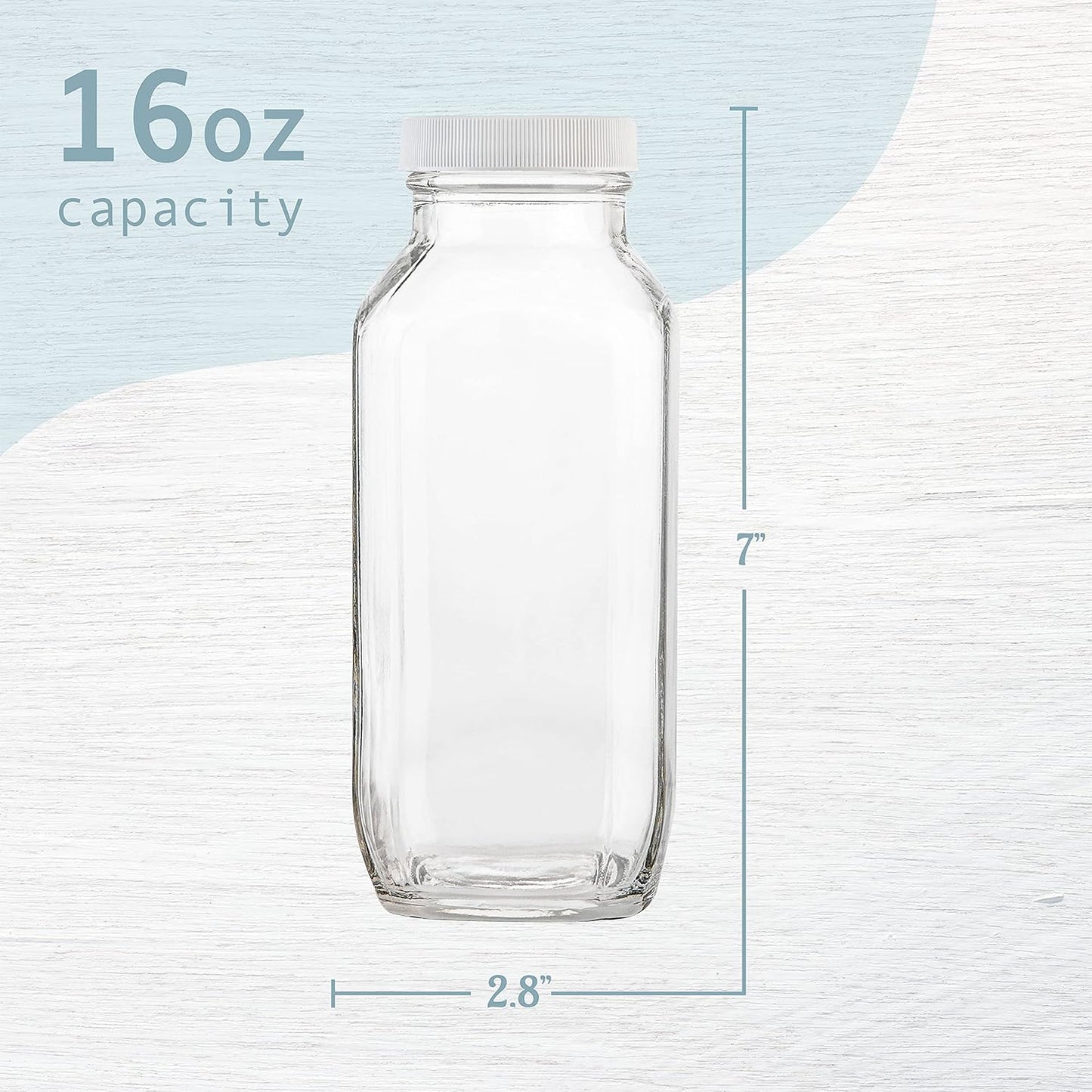 16oz Square Glass Milk Bottles with Plastic Airtight Lids -Vintage Reusable Dairy Drinking Jars Containers for Milk, Yogurt, Smoothies, Juice, Kefir, & Water -2 Pack 16 oz Glass Bottles with Lids