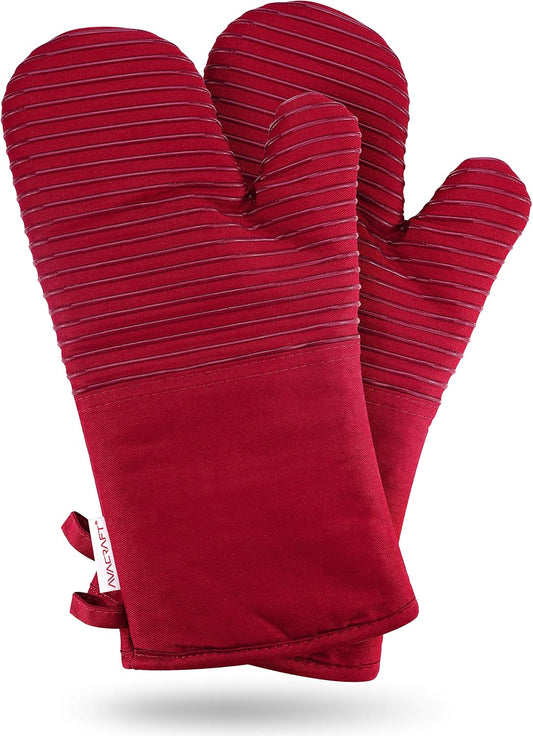 AVACRAFT Oven Mitts Pair, Flexible, 100% Cotton with Unique Heat Resistant Food Grade Silicone, Thick Terry Cloth Interior, 500 F Heat Resistant (Red Oven Mitts)