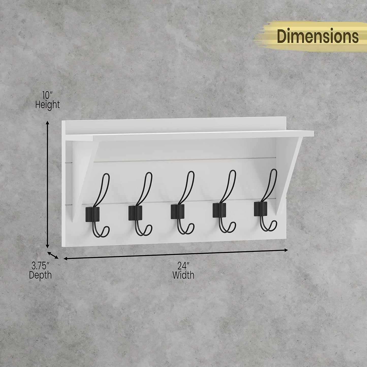 HBCY Creations 24" Wall Mounted Storage Rack - Pine Wood Construction - Solid White Finish - Upper Storage Shelf - 5 Hooks - Ideal for Entryway, Kitchen, Bathroom