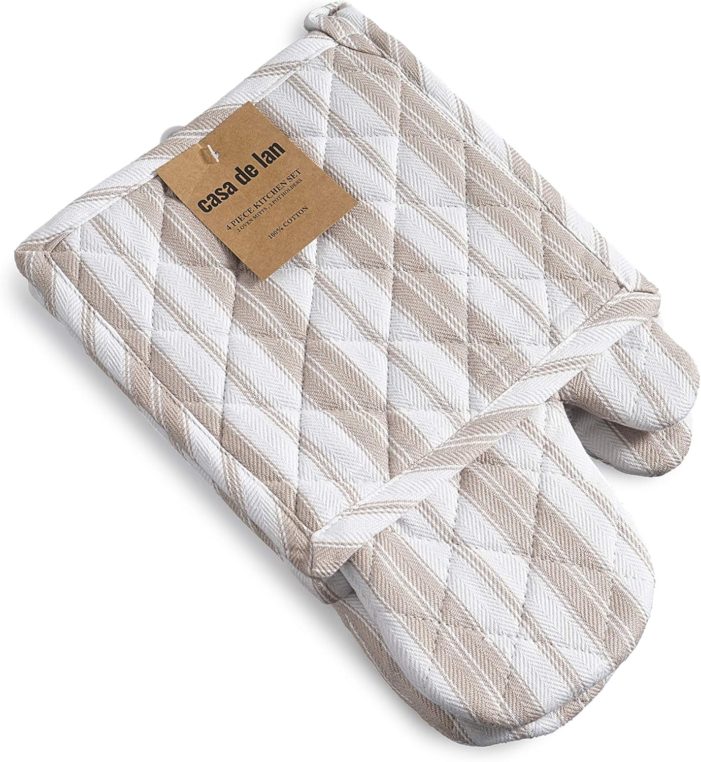 Oven Mitt & Potholder Set - Durable Heat Resistant Gloves - Thick Mittens for Kitchen - Suitable for Cooking, Baking, Grilling – BBQ - 1 Oven Mitts & 1 Potholders – Taupe Stripes - Casa De Lan