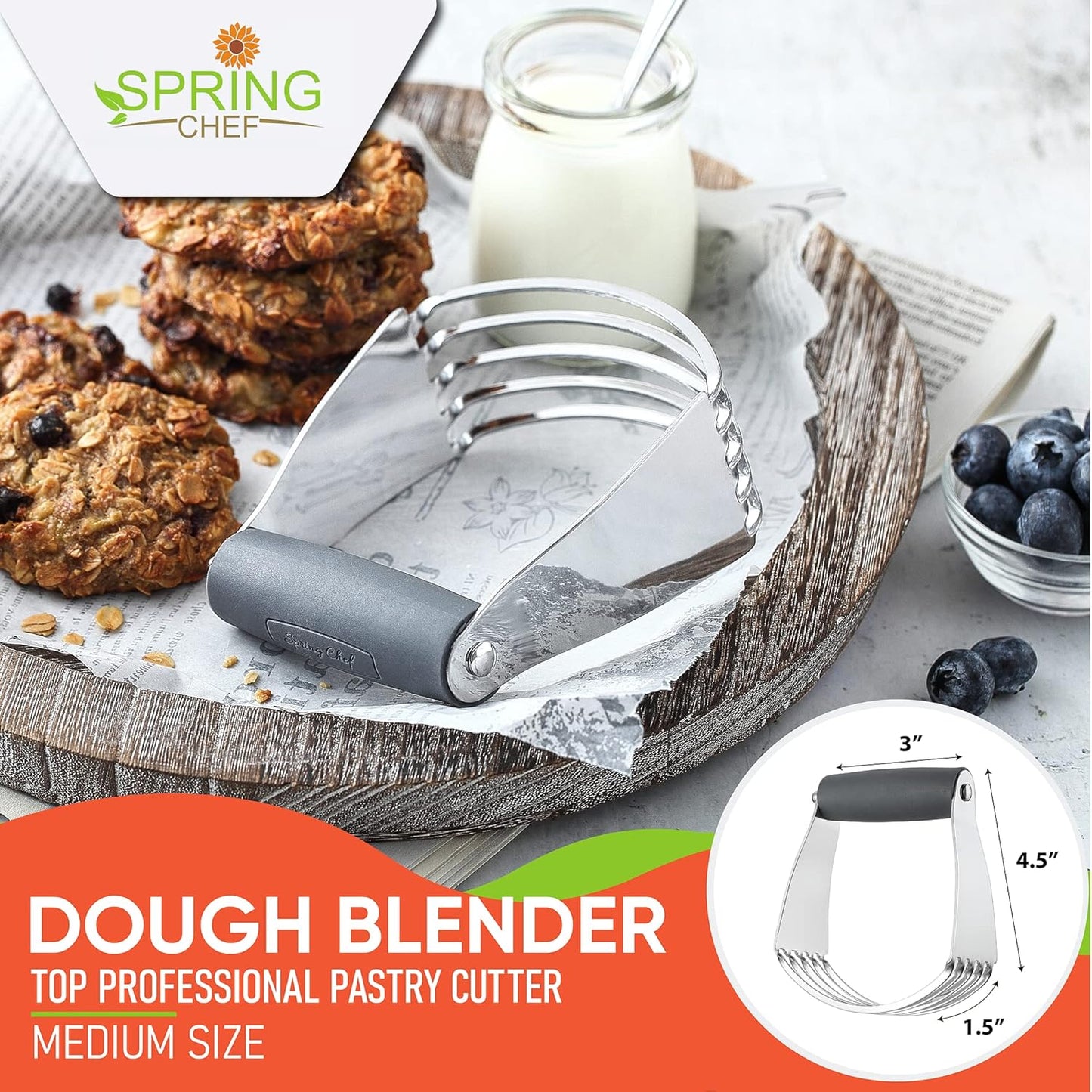 Spring Chef Medium Size Gray Dough Blender For Baking, Professional Dough Cutter Tool, Stainless Steel Pastry Cutter Tool with Durable & Thick Blades, Dishwasher Safe Pastry Blender for Easy Mixing