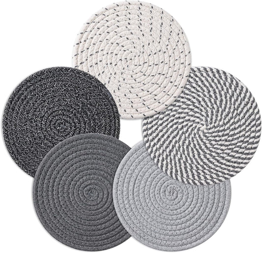 7 Inch Trivets for Hot Dishes, Pots and Pans, 5 Heat Resistant Pot Holders for Kitchen, Home Essentials, Hot Pads for Countertop and Table, Farmhouse Decor Vase Mats, Gray