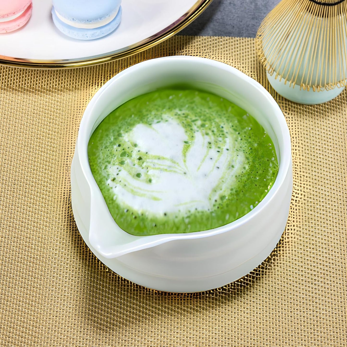 Marce Matcha Whisk Set- Matcha Set includes Matcha Whisk and Bowl with Spout, Sifter, Holder and Scoop- The Perfect Bamboo Whisk for Matcha Tea (White)