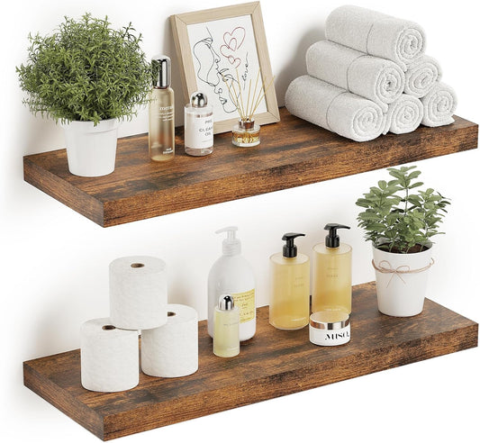 Vivelove Bathroom Floating Shelves for Wall 24 inchs Long, 9.1” Deep x 1.6” Thick Wall Shelves for Bedroom, Living Room, Kitchen, Office, Rustic Farmhouse Shelf Decor with Invisible Bracket, Set of 2