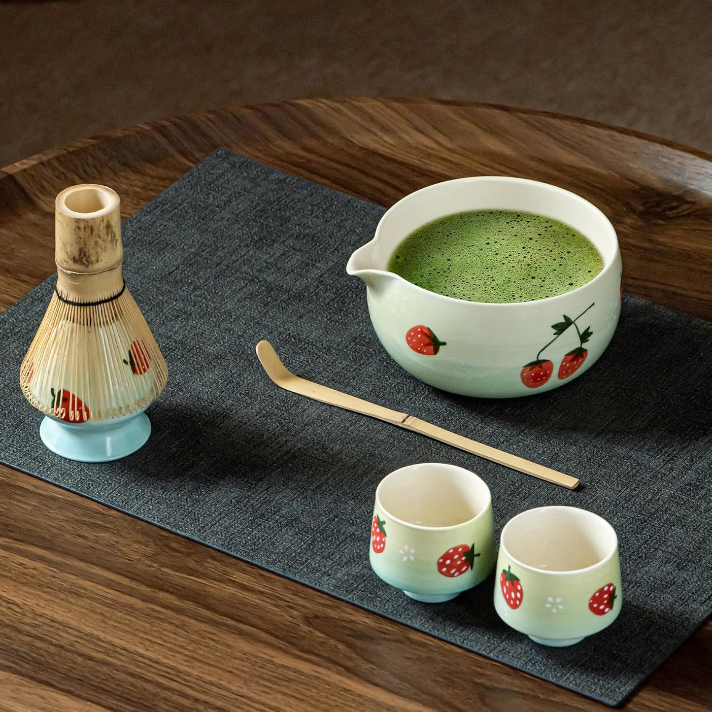 Matcha Whisk Set, Cute Strawberry Matcha Bowl Set with 2 Cups, Bamboo Whisk, Scoop & Holder, Matcha Kit Gift for Tea Lovers and Tea Ceremony, Birthday, Anniversary
