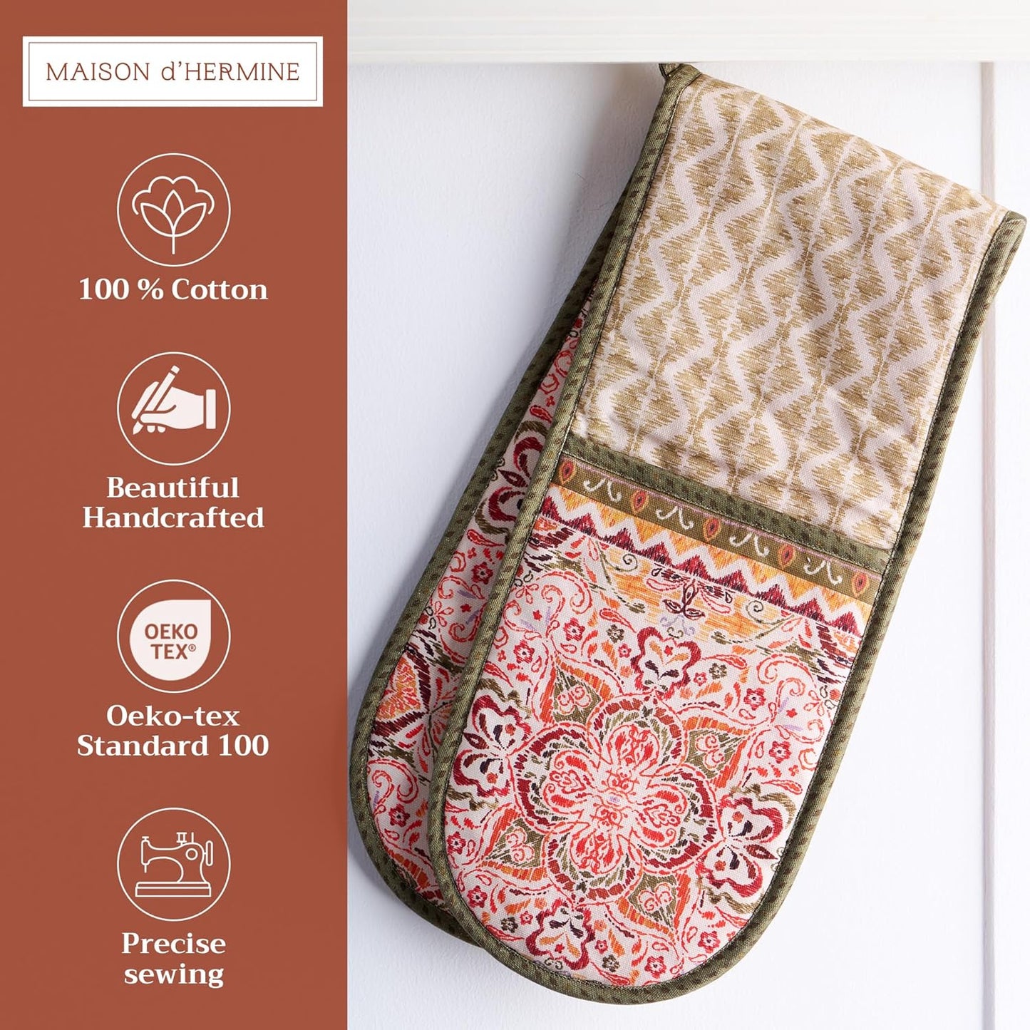 Maison d' Hermine Double Oven Mitts 100% Cotton 7"x35" Double Oven Mitt Heat Resistant BBQ Cooking Gloves with Loop, Baking, Grilling, Home, Kitchen, Handling Hot Pans (Damask)