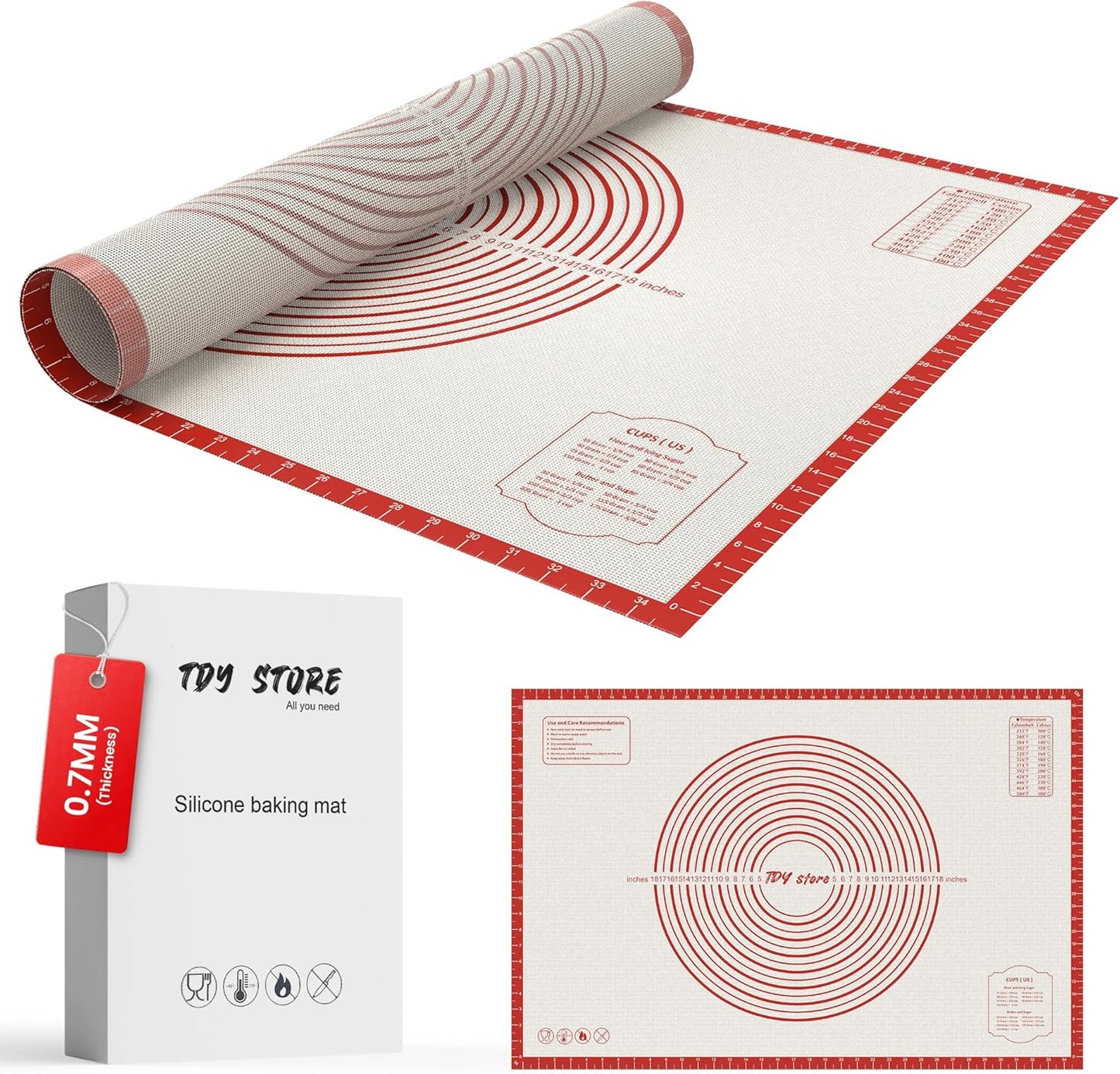 36 * 24 inches Red, Non-Slip Silicone Baking Sheets - Baking Mat with 0.7mm Thickness - Non-Stick Pastry & Cookie Mat for Kitchen Counter for Rolling Out Dough with Measurements.