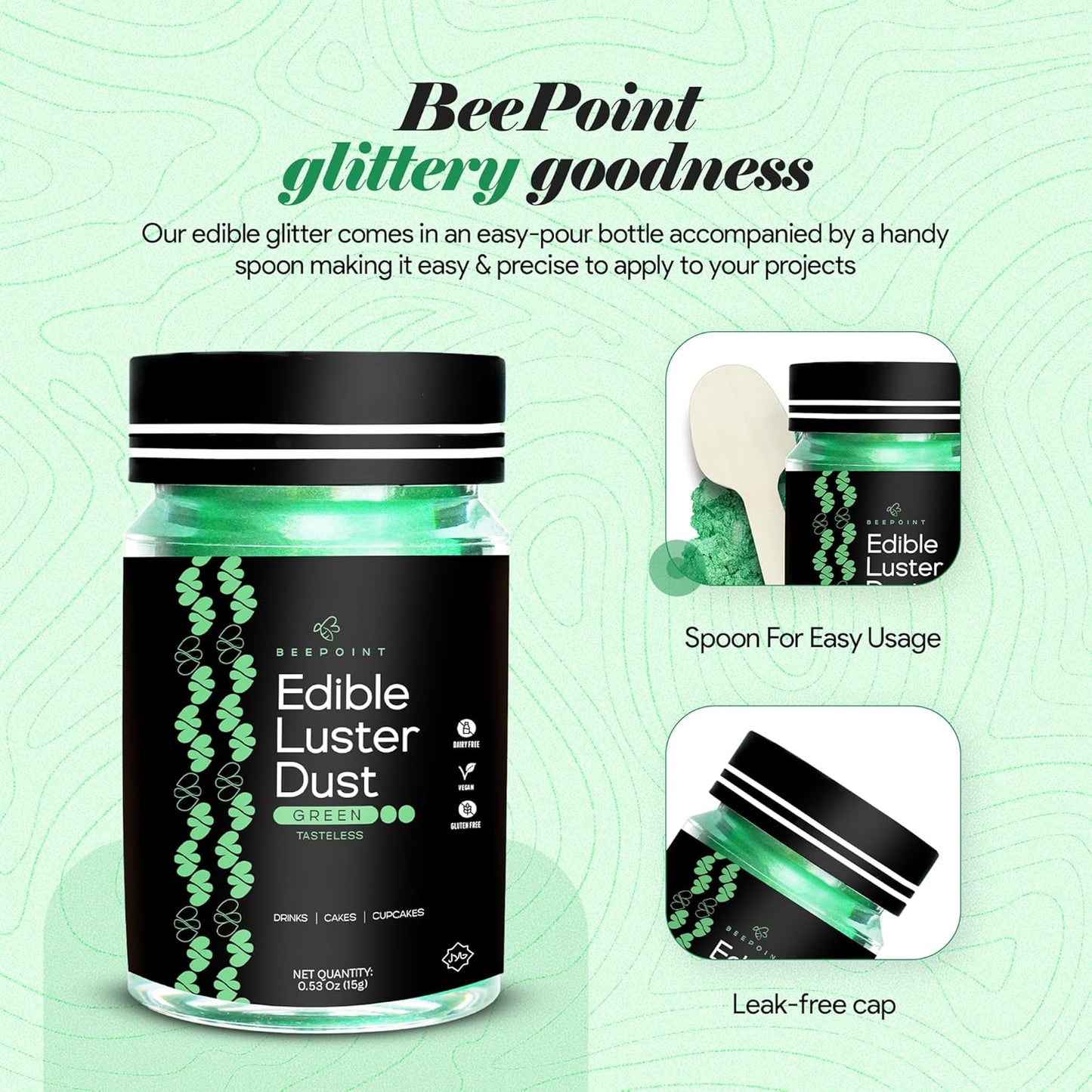 BeePoint Green Edible Luster Dust 15g - Food Grade, Vibrant Color Shimmer Powdered Dust for Drinks, Cocktails, Cake Decorating, Baking, Chocolates, Candy, Sweets, & Cookies - Vegan & Gluten Free