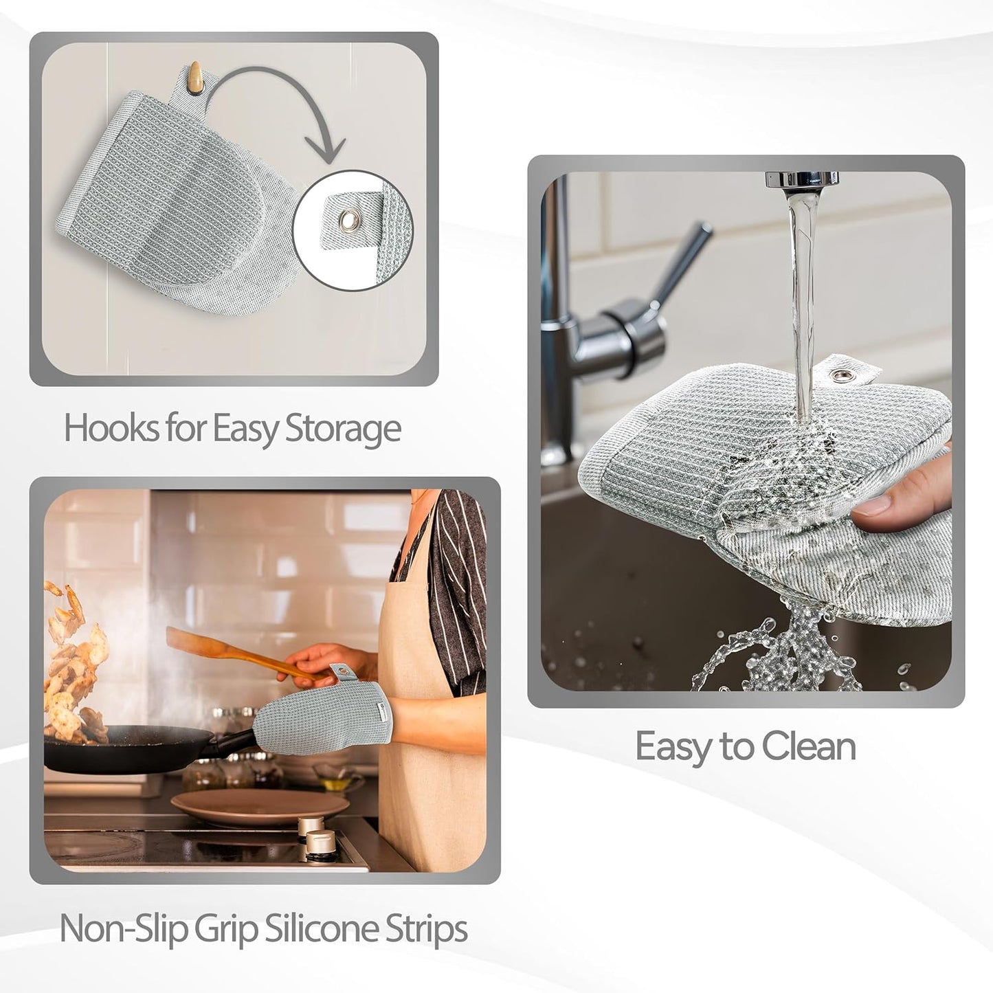 Casa Platino Heat Resistant Oven Mitts & Potholders, 4-Piece – Oven Mitts and Pot Holders Sets for Baking, Grilling & Microwave – Withstands Heat Up to 500°F, Non-Slip, Machine Washable – Grey