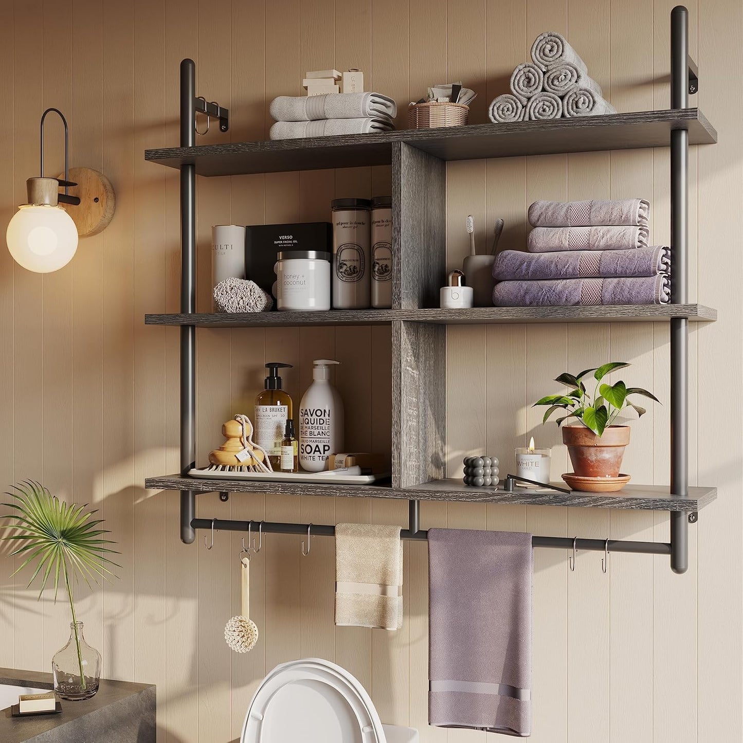 Bestier Kitchen Shelves Wall Mounted Floating Pipe Shelving 3 Tier 41.5" Coffee Bar Shelf with Holder, Wall Display Storage Rack Sundries for Kitchen Living Room, Charcoal Black