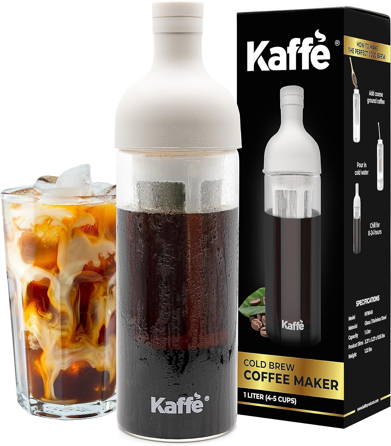 Kaffe Cold Brew Coffee Maker (38oz / 1L) - Borosilicate Glass, Airtight Seal & Dishwasher Safe - Iced Coffee Maker Bottle - Removable Mesh Filter - Up to 6 Cups of Cold Brew Coffee