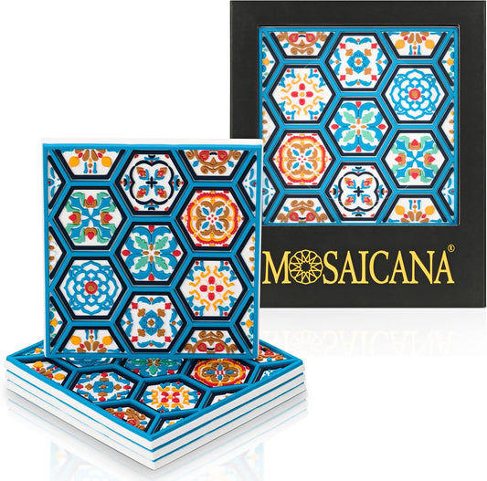 Blue Tile Colored Coasters Set of 4, Silicone, Protects Against Water Marks or Damage Fits All Cups, 3.5" Size