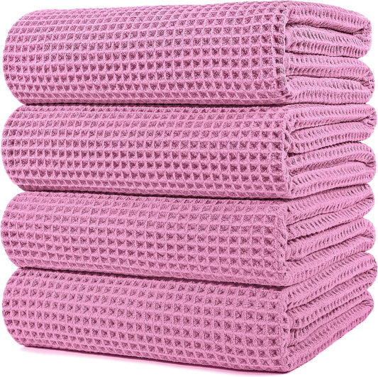 POLYTE Microfiber Oversize Quick Dry Lint Free Bath Towel, 60 x 30 in, 4 Pack (Waffle Weave)