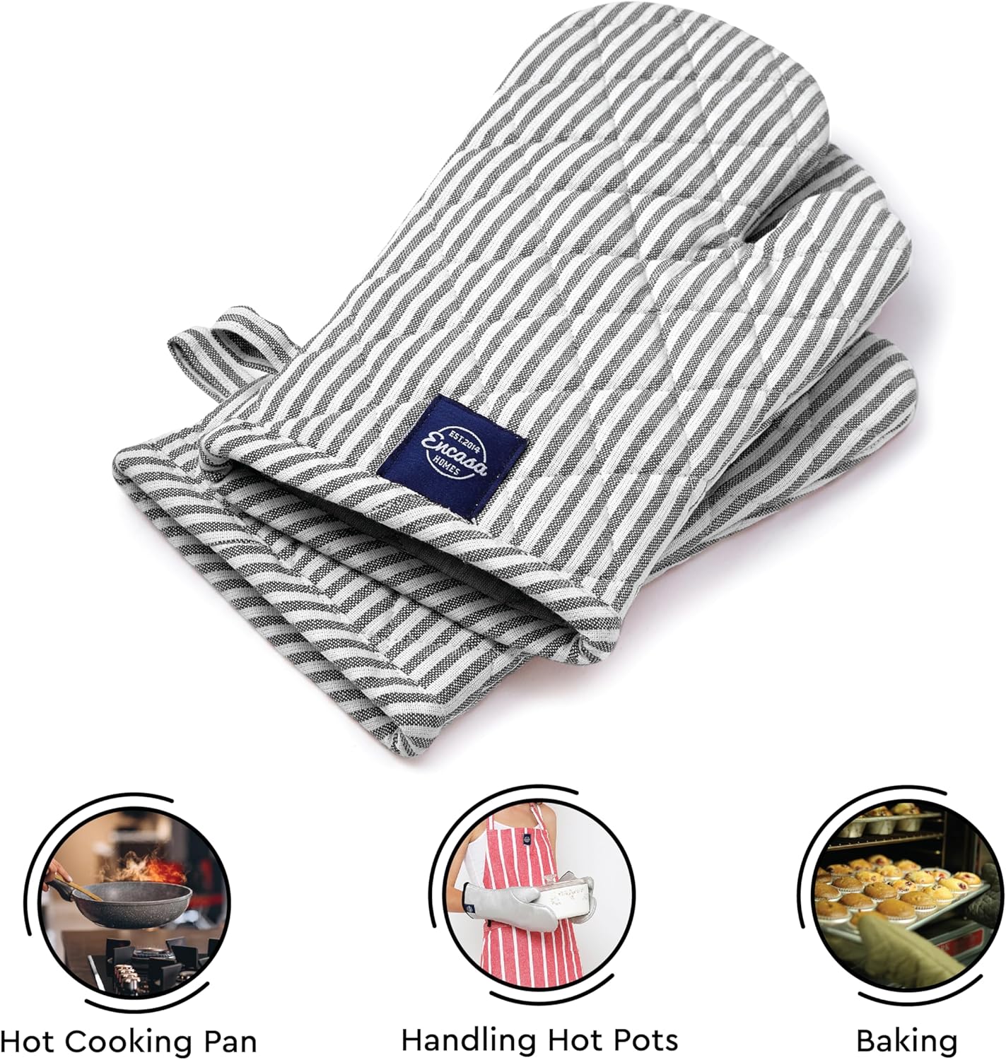 Encasa Homes Long 12"x7" Oven Microwave Hand Gloves Mitts (2 pc Set) for Kitchen Cooking & Baking - Heat Resistant, Thick & Safe, Protection of Hands from Hot Utensils - Ticking Black