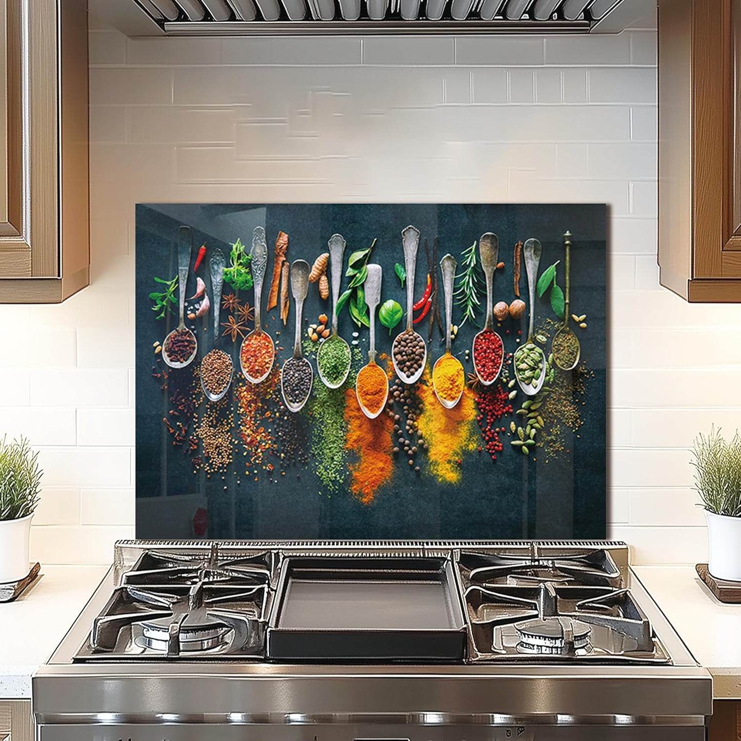DAIFURONGE Spice Tempered Glass Backsplash For Kitchen Behind Stove,Stove Backsplash Top Cover,Easy to Clean Glass Splashback, Sink Cover Splash Guard,Home Kitchen Wall Decor (27.56"x19.69"(70x50cm))