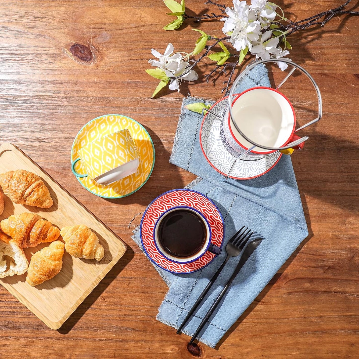 Selamica Ceramic Cappuccino Cups with Saucers and Metal Stand, 8 OZ Stackable Espresso Coffee Cups for Coffee, Latte, Americano, Tea, Set of 4, Assorted Colors