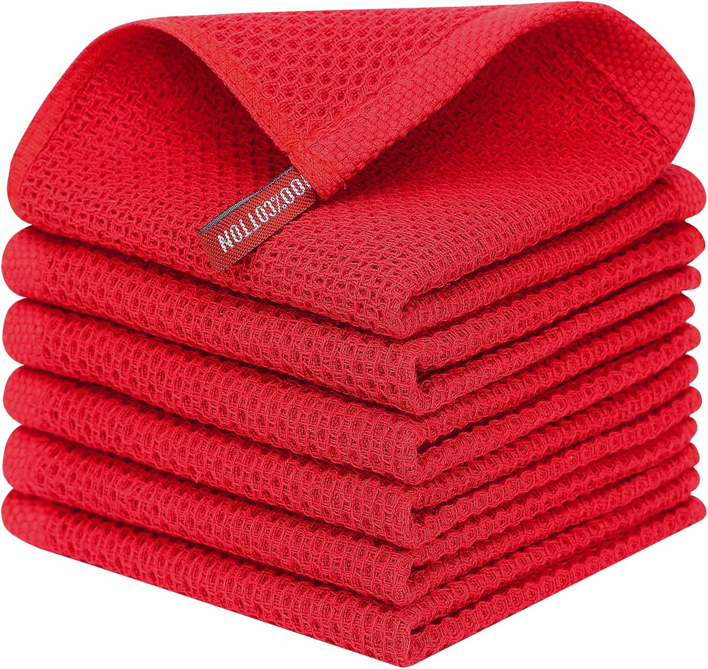 Kitinjoy 100% Cotton Kitchen Dish Cloths, 6 Pack Waffle Weave Ultra Soft Absorbent Dish Towels for Drying Dishes Quick Drying Kitchen Towels Dish Rags, 12 X 12 Inches, Red