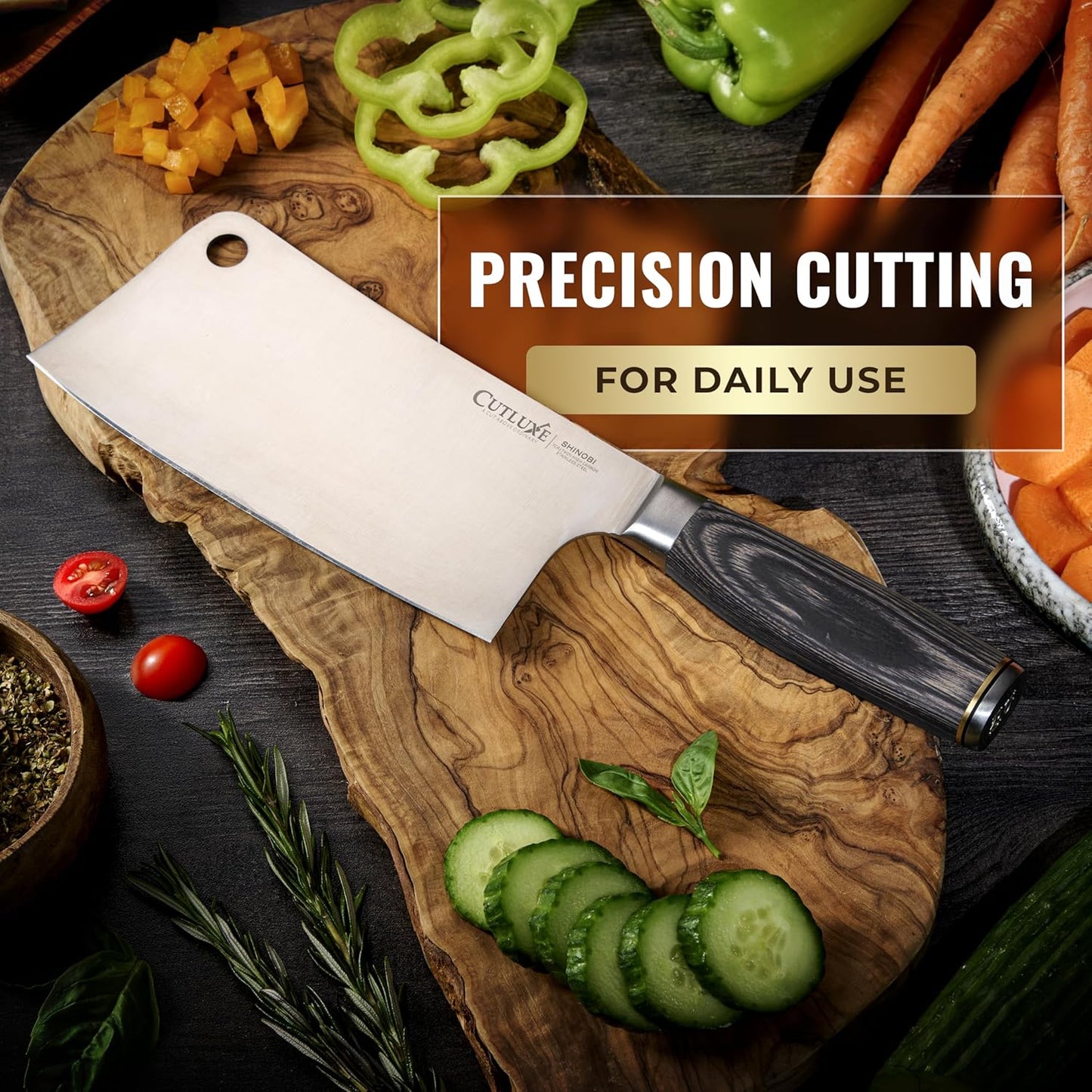Cutluxe Meat Cleaver Knife – Ultra Sharp 7" Meat Cleaver, Butcher Knife, High Carbon Stainless Steel Blade, Full Tang Pakkawood Handle – Shinobi Series