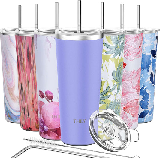 THILY Tumbler Stainless Steel Travel Mug 26 oz Triple-Insulated Coffee Cup with 2 Lids and Straws, Reusable, Powder Coated, Splash-Proof, Keep Ice Drinks Cold, Lavender