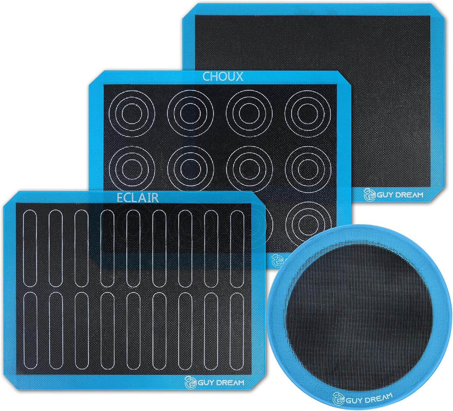 GUY DREAM Pack of 4 Perforated Silicone Baking Mats - 1 Choux, 1 Eclair, 1 Blank for Cookies, 1 10'' Round for Pizza - Non-Stick Reusable Oven Liner 11-4/5" x 15-3/4"