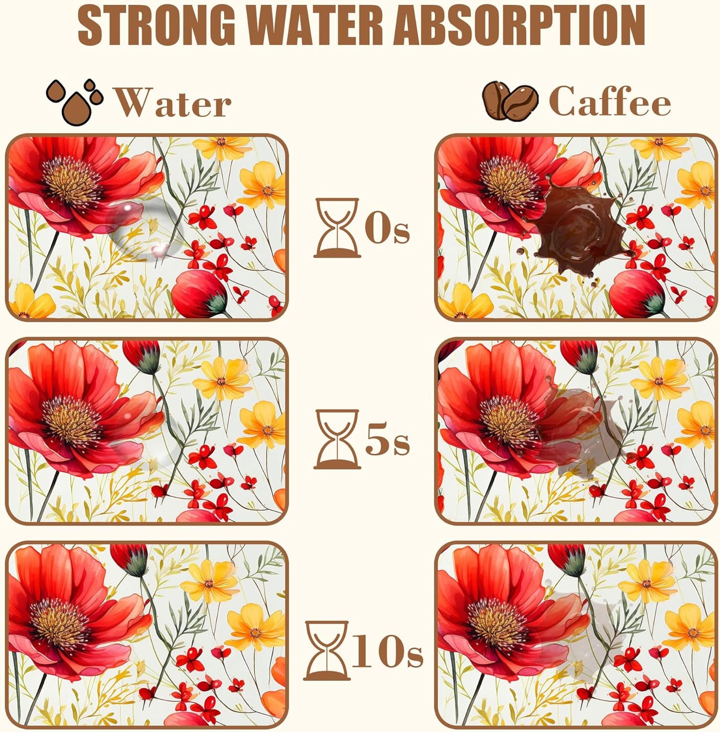 Red and Yellow Flowers Coffee Mat Absorbent Dish Drying Mat for Kitchen Counter Hide Stain Rubber Backed Coffee Bar Accessories Fit Under Espresso Machine, 11.8 x 19.7 Inch