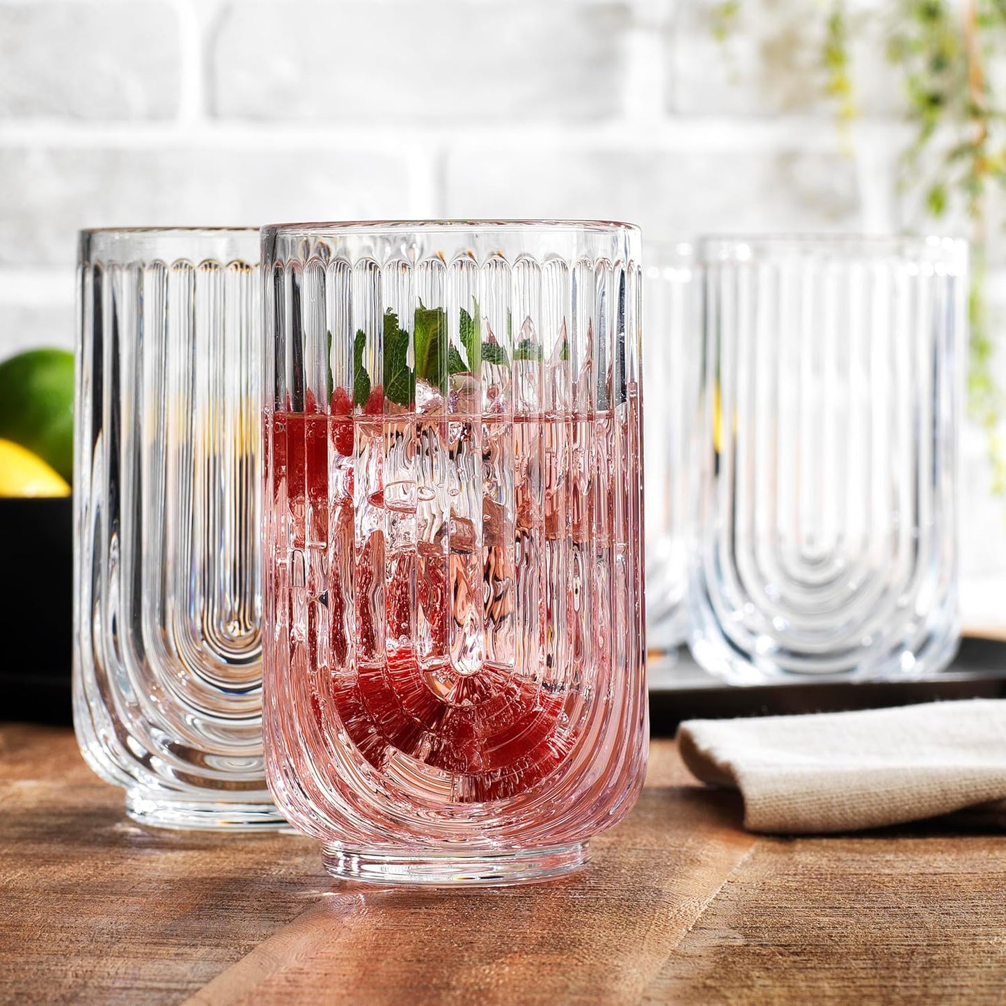 Glaver's Drinking Glasses Set of 4. 17oz Vintage Ripple Cocktail Glasses, Ribbed Highball Glass Cups. Arch Designed Art Deco Glassware for Water Juice Coffee.