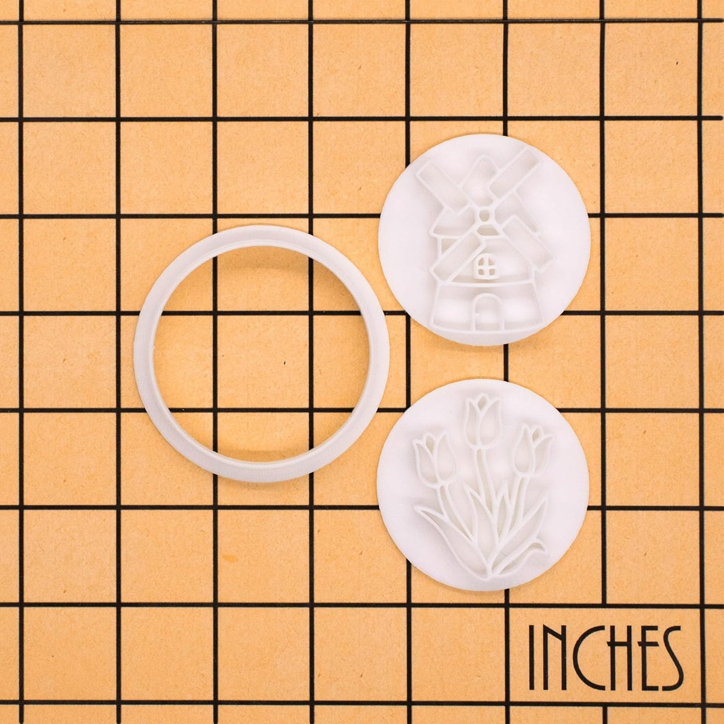 BAKERLOGY Spring Whispers - Mini 2" Cookie Cutter & Stamp Set - Tulip Garden & Windmill Design for Easter & Spring Cookies, Cupcakes & Fondant Decorations