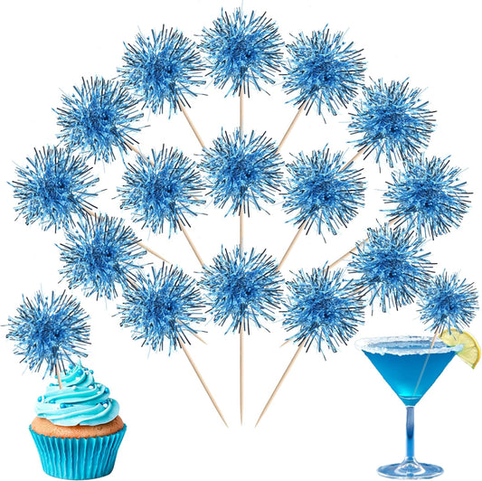 40 PCS Foil Firework Cupcake Toppers Light Blue Sparkler Cupcake Picks Sparkle Tinsel Fireworks Decorations Cocktail Fruit Toothpick for Firework Theme Birthday Wedding Graduation Party Decor Supplies