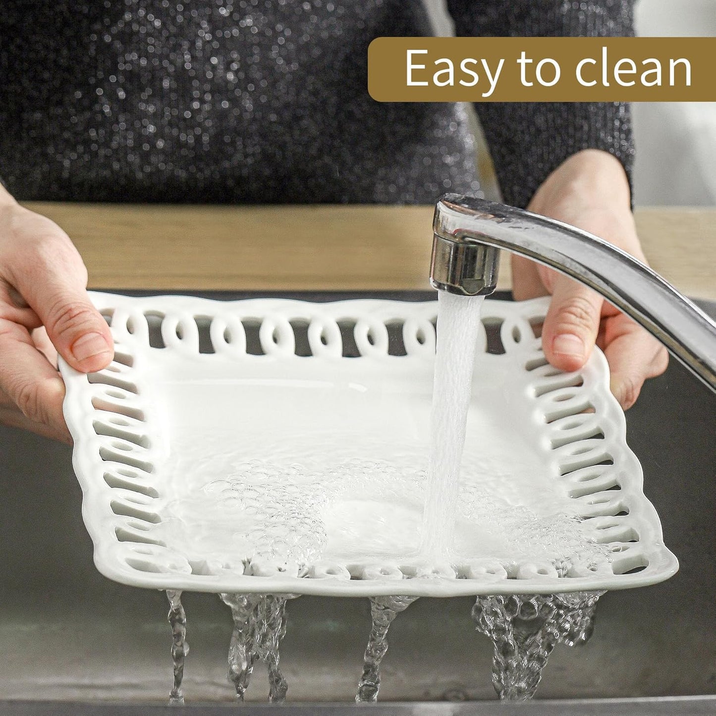 Ceramic Square Dinner Plates, 11 inch Square Serving Plate Set of 4 for Steak Pasta Salad Snacks Pizza Appetizer, New Bone Porcelain Plates with Lace Rim, Party Wedding Birthday Christmas Gift, White