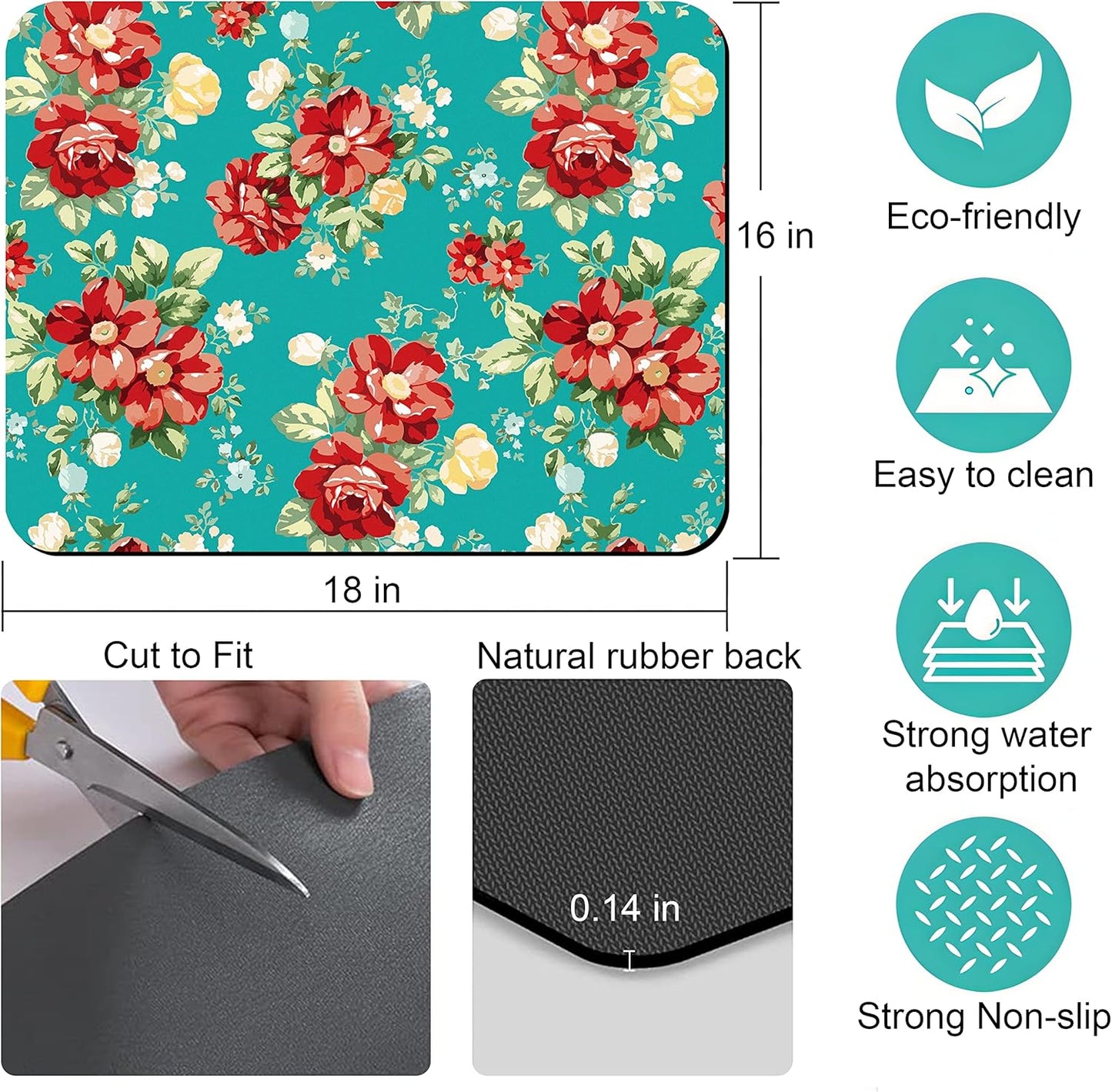 Rubber Dish Drying Mat for Kitchen Counter Large Boho Flowers Washable Quick Home Coffee Pad Fit Under Sink,Bar,Utensils 16x18in