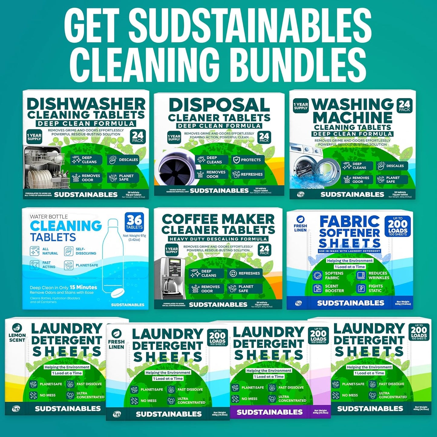 Sudstainables Dishwasher Cleaner and Deodorizer Tablets, 24 Pack – Dishwasher Cleaning Tablets for Odor and Buildup Removal, Descaler - 1-Year Supply