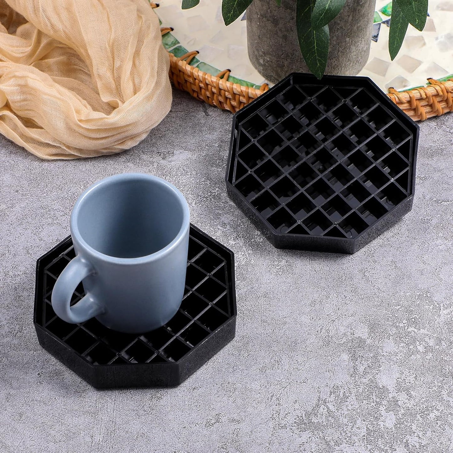 6 Pcs 4 Inch Black Plastic Octagon Coffee Drip Trays with Honeycomb Grid for Coffee, Tea, Wine