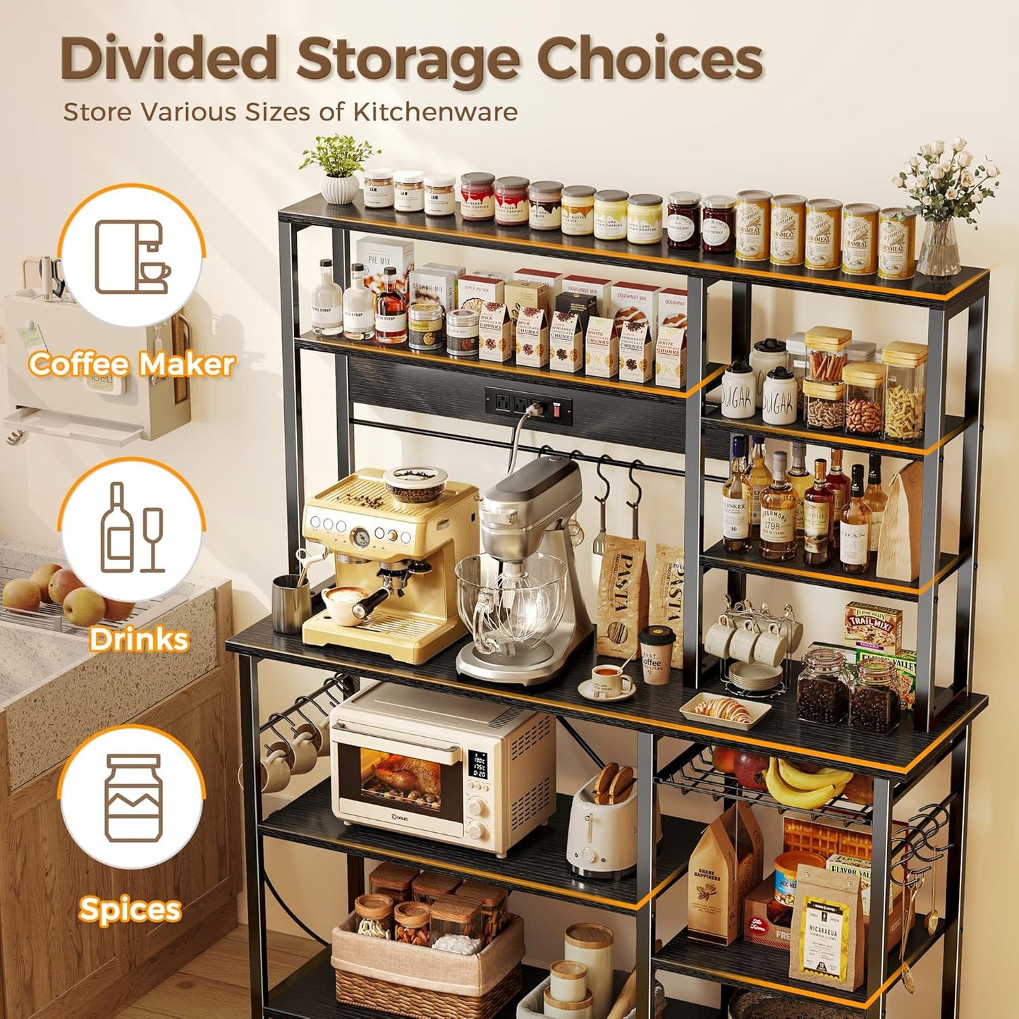 SUPERJARE Larger Bakers Rack with Power Outlets, 6-Tier Microwave Stand, Coffee Bar with 12 S-Shaped Hooks, Kitchen Shelf with Wire Basket, 47.2 x 15.5x 66.9 Inches, Black