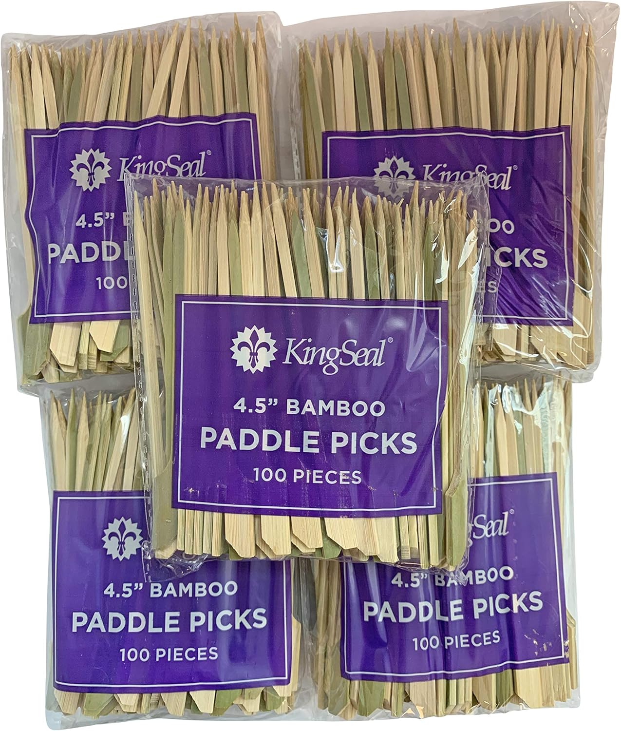500 Count | KingSeal Natural Green Bamboo Wood Paddle Picks, Skewers for Appetizers and Cocktails, 4.5 Inches - 5 Packs of 100