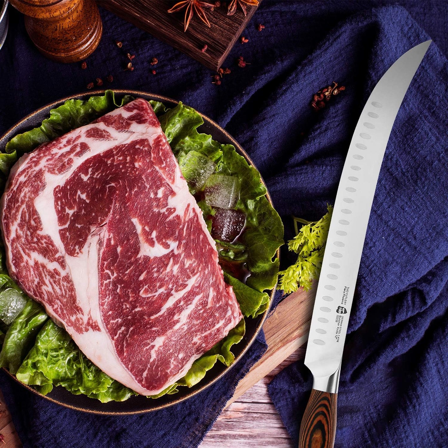 TUO Butcher Knife - 12 Inch Breaking Butcher s Knives Curved Granton Edge Carver Slicing Knife Long Meat Veggies Cleaver - German HC Steel Comfortable Pakkawood Handle - Fiery Series Gift Box Included