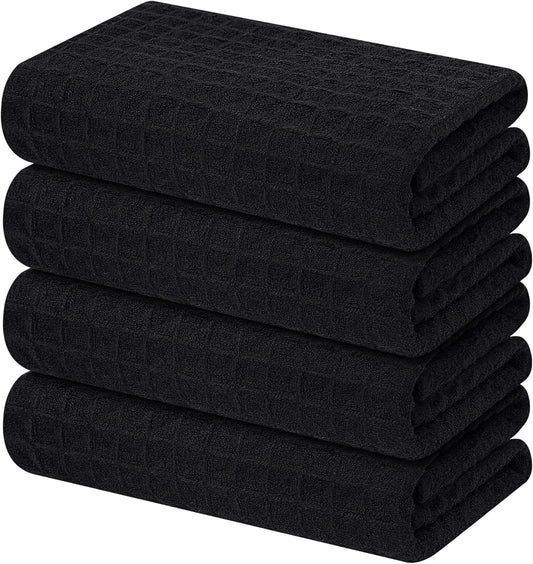 Homaxy Microfiber Waffle Weave Kitchen Towels, 16 x 28 Inch Ultra Absorbent and Solid Color Dish Towels, 4 Pack, Black