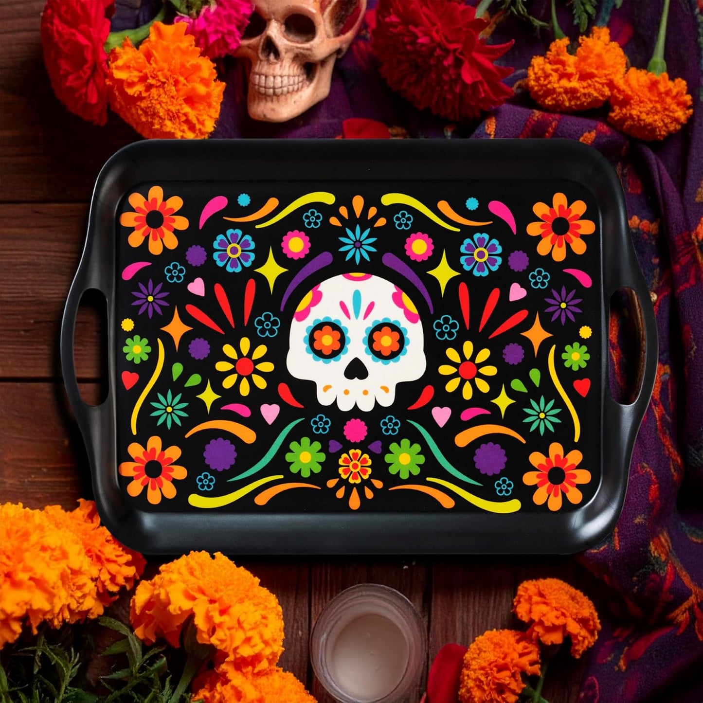 Oasis Choice 2-Pack Day of the Dead Bamboo Fiber Serving Trays - 18x13 Inch Extra Large w/Handles for BBQ, Picnic, Party - Durable Lightweight Serving Platters - Sugar Skull and Marigold Decor (Black)