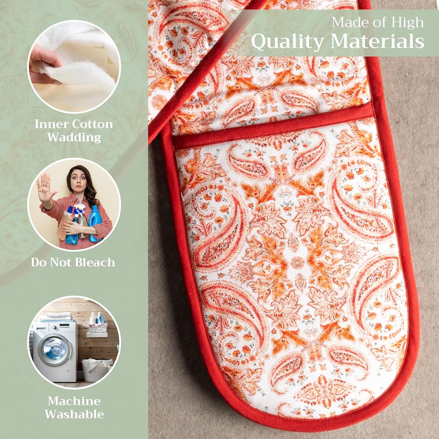 Maison d' Hermine Double Oven Mitts 100% Cotton 7"x35" Double Oven Mitt Heat Resistant BBQ Cooking Gloves with Loop, Baking, Grilling, Home, Kitchen, Handling Hot Pans (Orient)