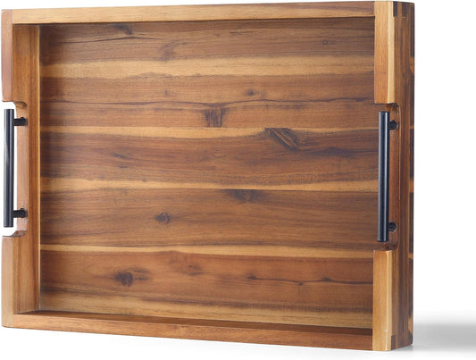 Ottoman Tray, Acacia Wood Serving Tray with Metal Handles, 16.5x12.5in Food Drinks Tray for Coffee Table, Breakfast, Dinner & Bar, Rustic Decorative Storage Tray for Ottoman, Kitchen, Packaging