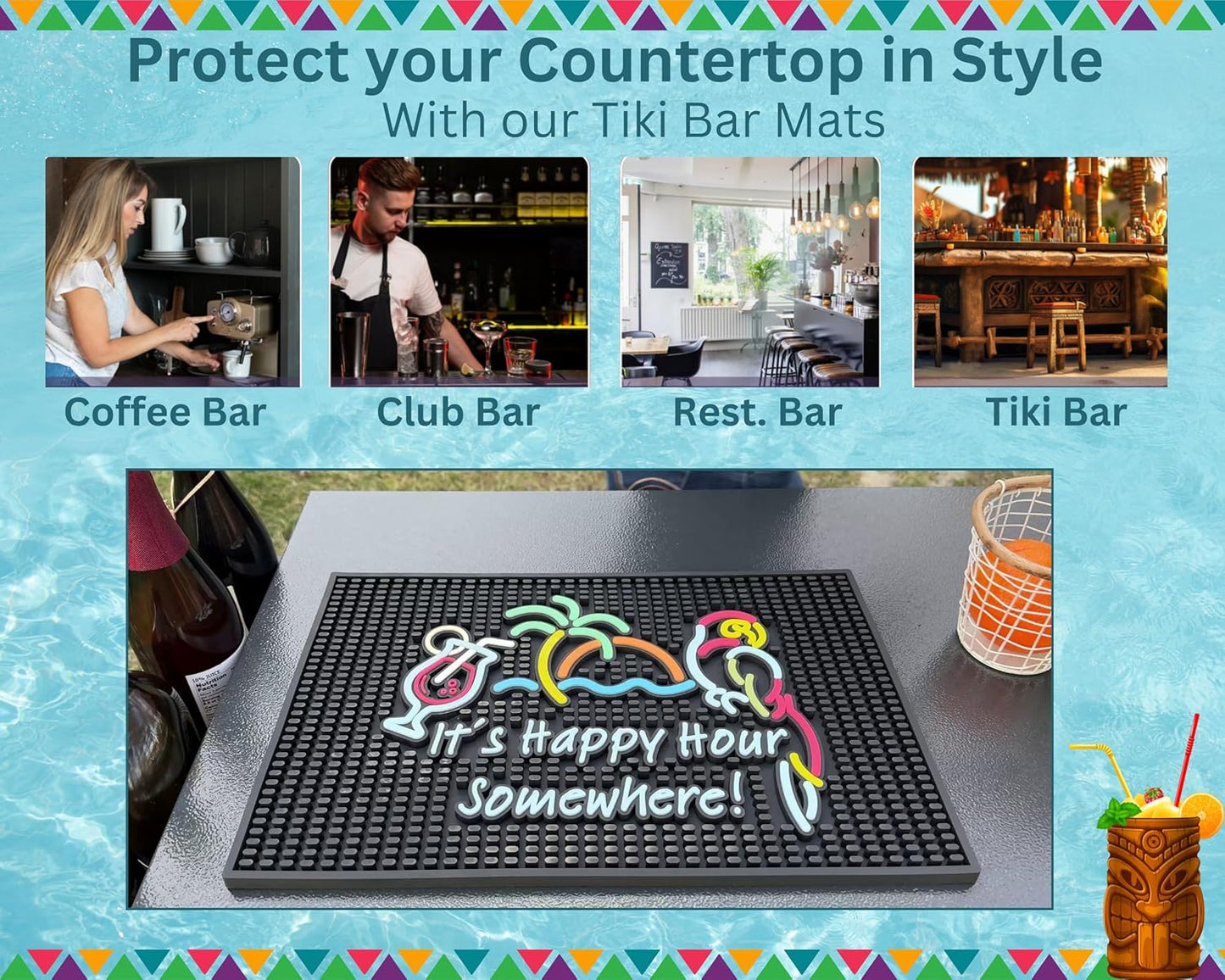 Tiki Bar Happy Hour Sign Rubber Bar Mat for Bartending 18x12 in, It's Happy Hour Somewhere Outdoor Tiki Bar Decor, Bar Mats for Countertop, Bar mat for Home Bar, Bartender Mat, Home Bar Accessories