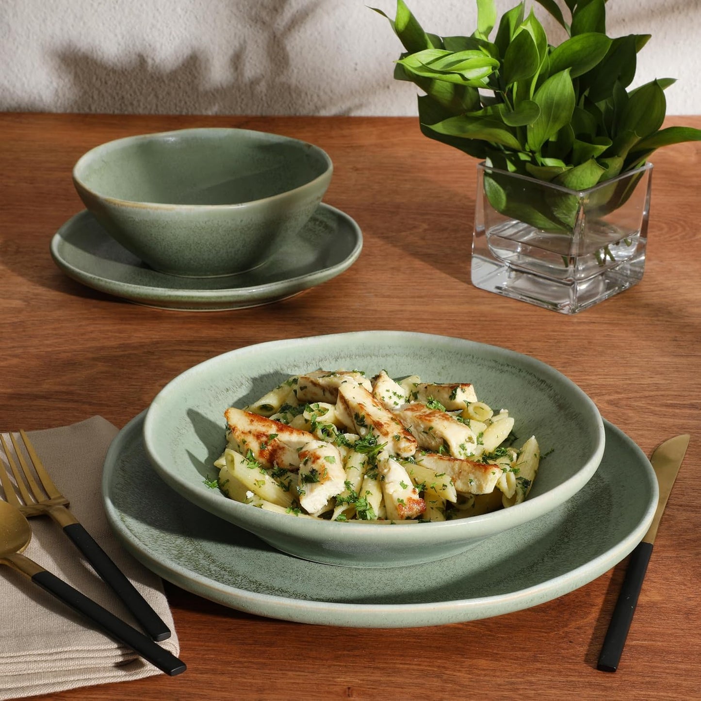 Gibson Elite Island Cove 16 Piece (Service for 4) Plates and Bowls Reactive Glaze Organic Round Dishes Stoneware Ceramic Dinnerware Set -Green