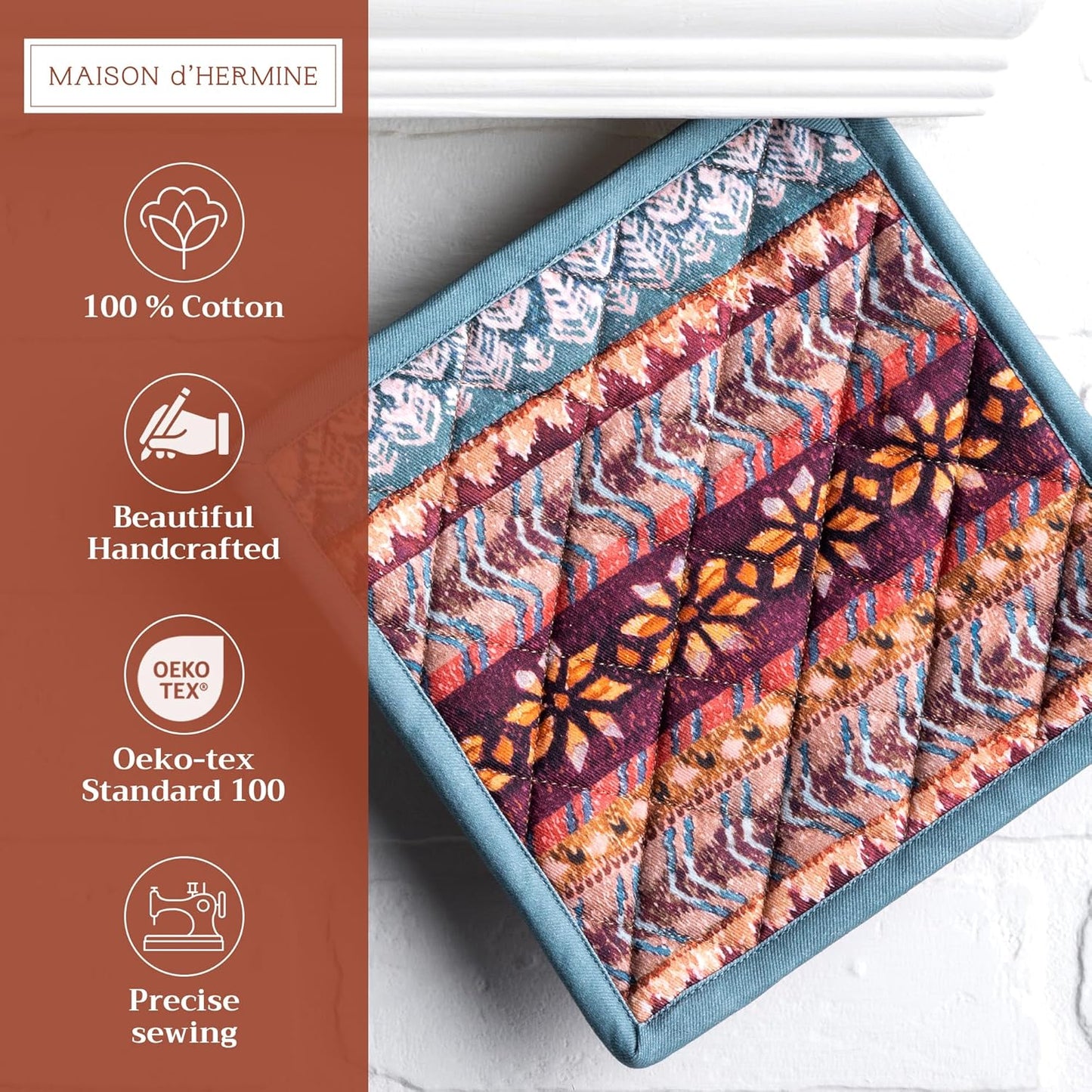 Maison d' Hermine Pot Holders Set 100% Cotton Heat Resistant Potholders 8" x 8" Hot Pads with Loop BBQ, Cooking, Baking, Grilling, Kitchen, Handling Hot Pans (Pack of 2, Fair Isle)